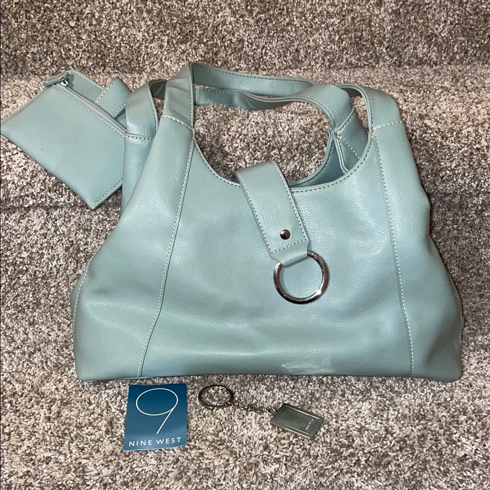 Nine West Light Blue Tote Bag with matching wallet and keychain